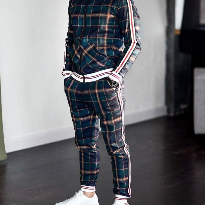 Men's Lightweight Plaid Zip-Up Tracksuit with Side Stripes