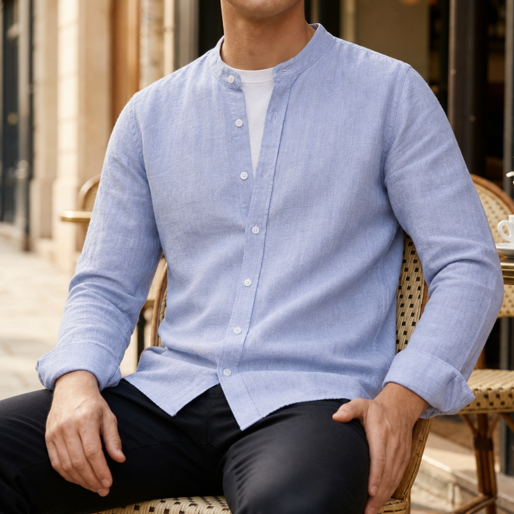 Men's Linen-Look Band Collar Long Sleeve Shirt