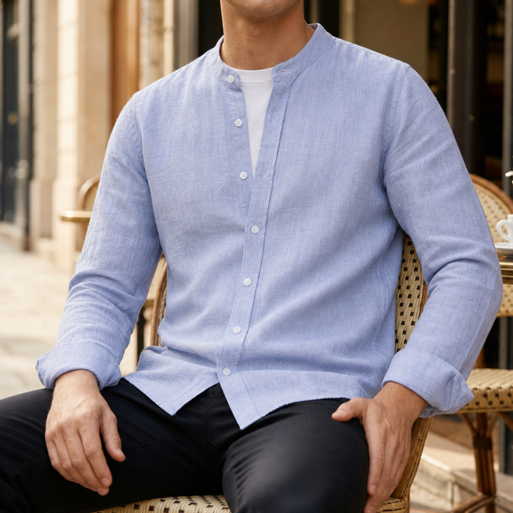 Men's Linen-Look Band Collar Long Sleeve Shirt