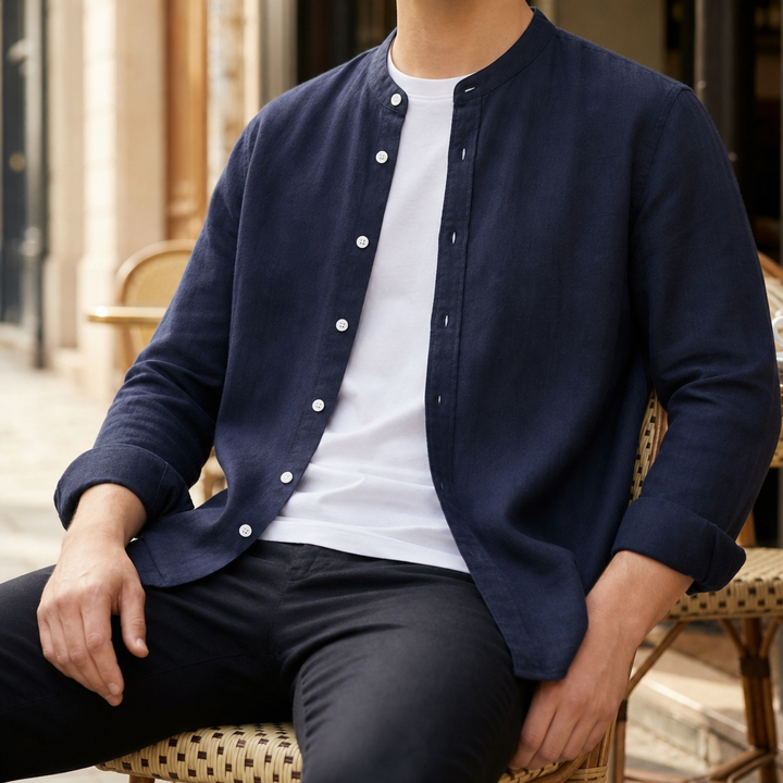 Men's Linen-Look Band Collar Long Sleeve Shirt