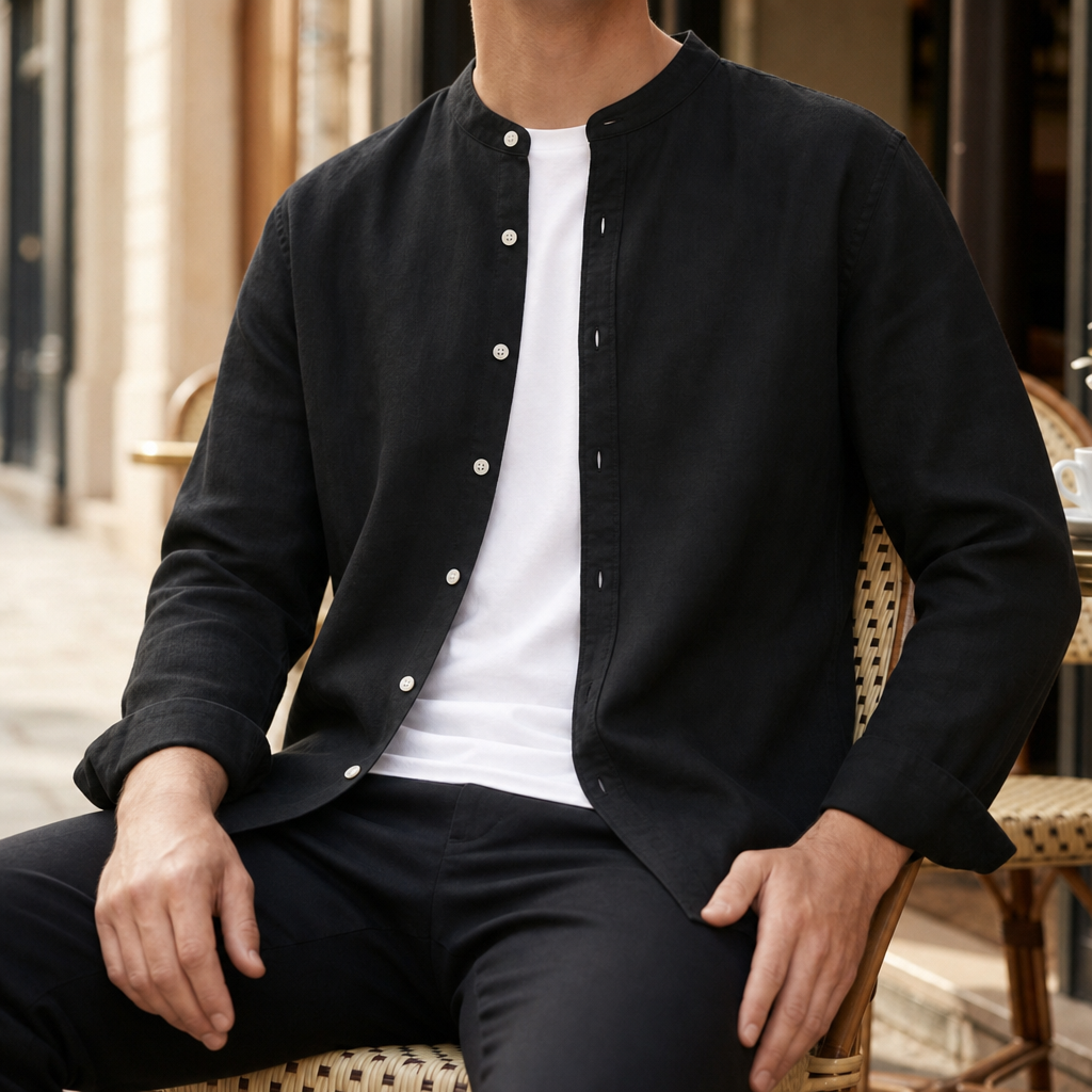 Men's Linen-Look Band Collar Long Sleeve Shirt