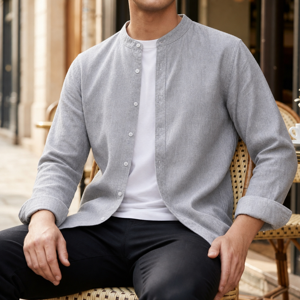 Men's Linen-Look Band Collar Long Sleeve Shirt