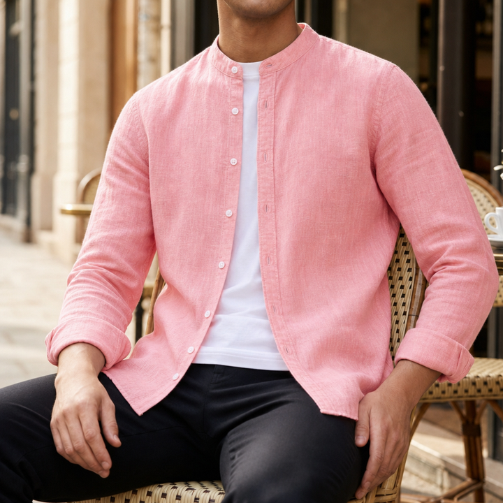 Men's Linen-Look Band Collar Long Sleeve Shirt