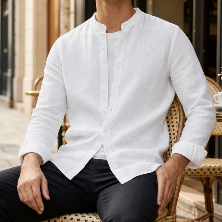 Men's Linen-Look Band Collar Long Sleeve Shirt