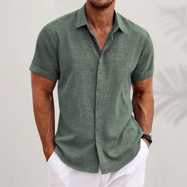 Men's Linen-Look Short Sleeve Shirt with Classic Collar