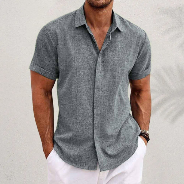 Men's Linen-Look Short Sleeve Shirt with Classic Collar