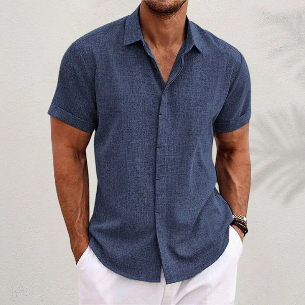 Men's Linen-Look Short Sleeve Shirt with Classic Collar