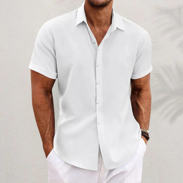 Men's Linen-Look Short Sleeve Shirt with Classic Collar