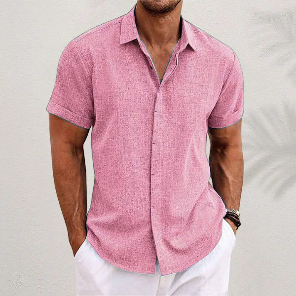 Men's Linen-Look Short Sleeve Shirt with Classic Collar