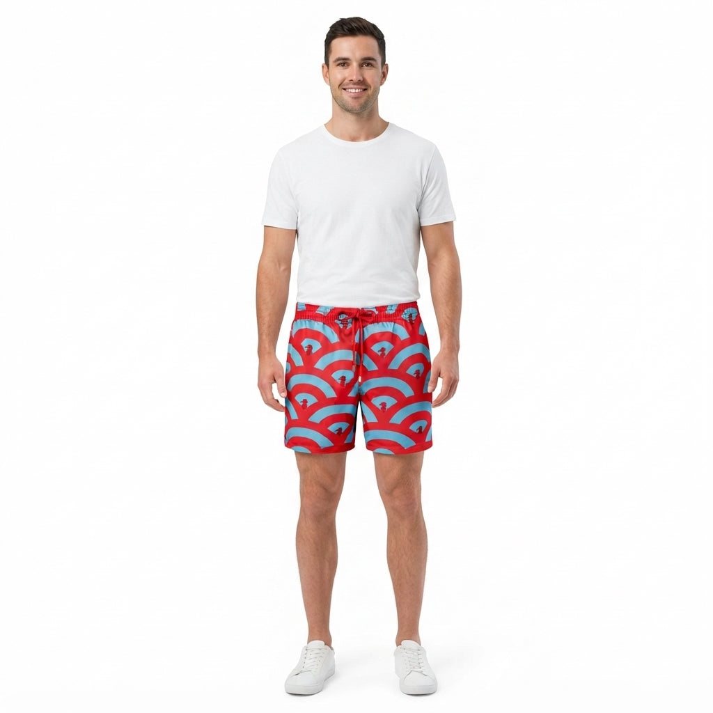 Men's Geometric Print Lined Swim Shorts with Drawstring