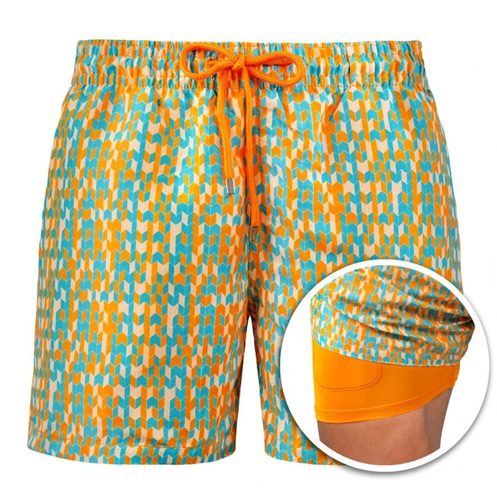 Men's Geometric Print Lined Swim Shorts with Drawstring