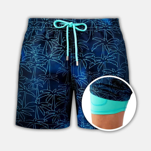 Men's Geometric Print Lined Swim Shorts with Drawstring