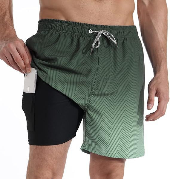 Men's Geometric Print Lined Swim Shorts with Drawstring