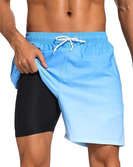 Men's Geometric Print Lined Swim Shorts with Drawstring