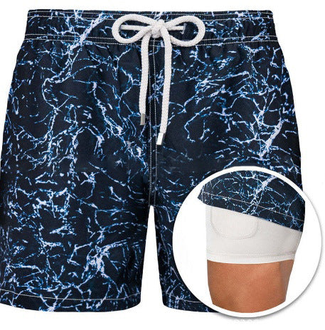 Men's Geometric Print Lined Swim Shorts with Drawstring