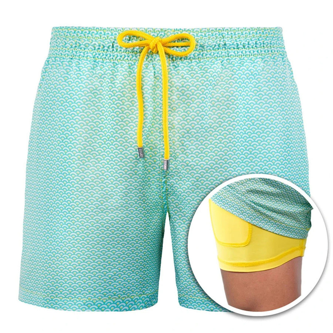 Men's Geometric Print Lined Swim Shorts with Drawstring