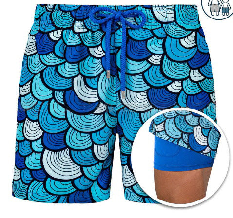 Men's Geometric Print Lined Swim Shorts with Drawstring