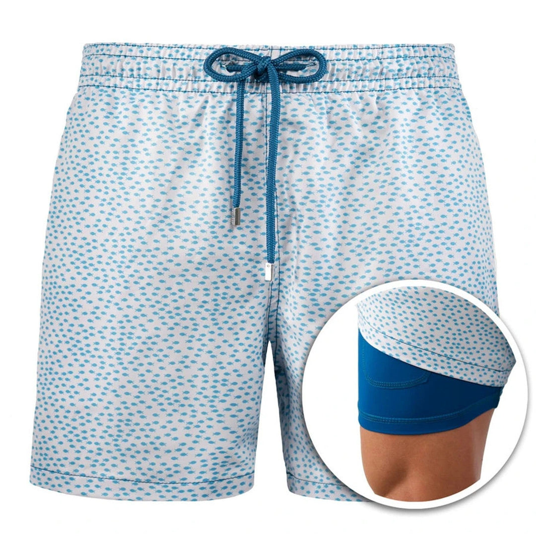 Men's Geometric Print Lined Swim Shorts with Drawstring