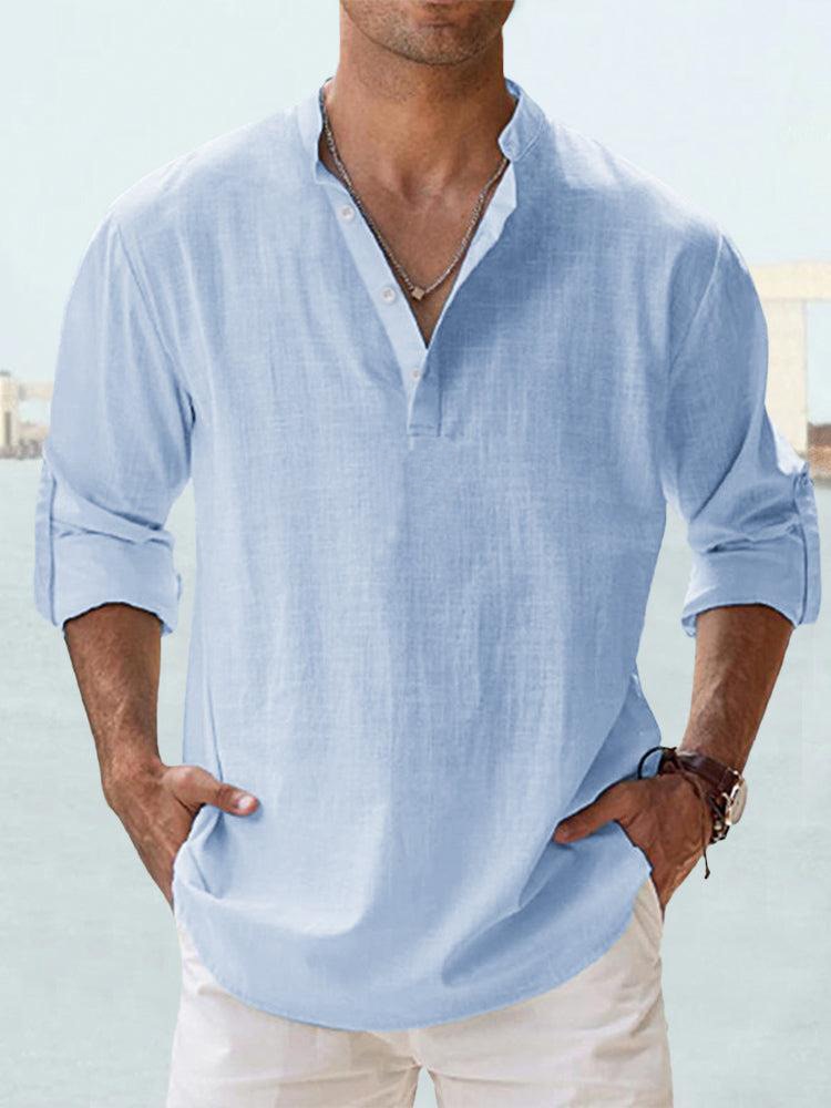 Men's Holiday Linen-Look Henley Shirt Long Sleeve
