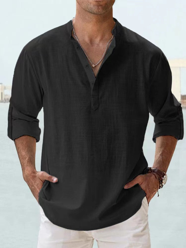 Men's Holiday Linen-Look Henley Shirt Long Sleeve