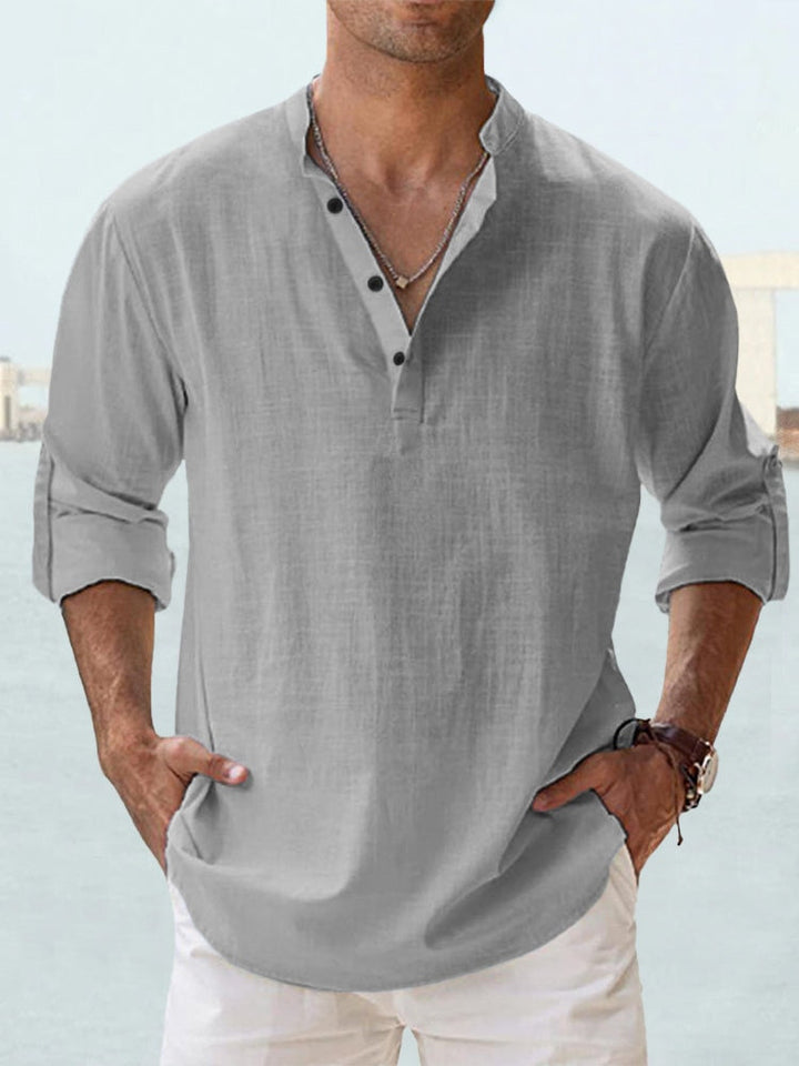 Men's Holiday Linen-Look Henley Shirt Long Sleeve
