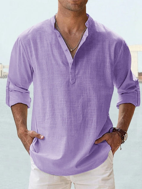 Men's Holiday Linen-Look Henley Shirt Long Sleeve