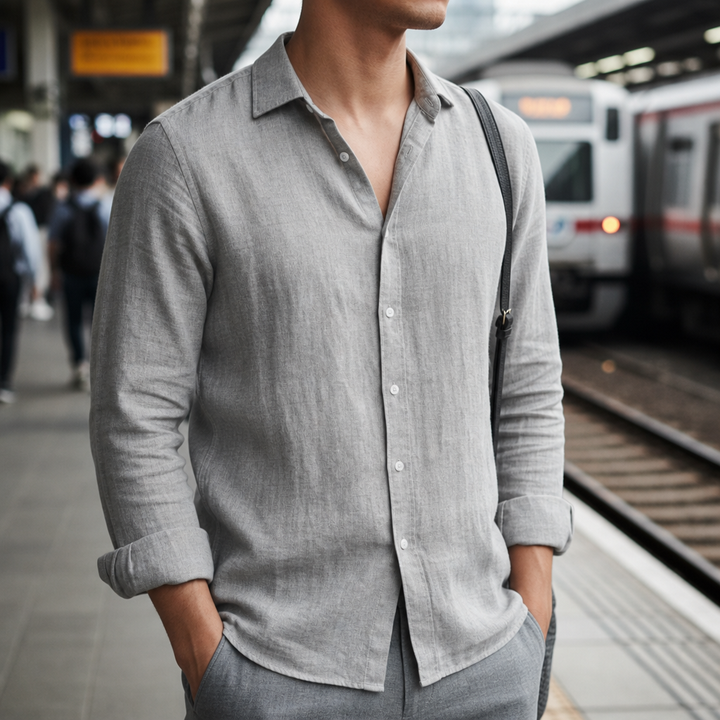 Men's Linen-Look Shirt Long Sleeve Spread Collar