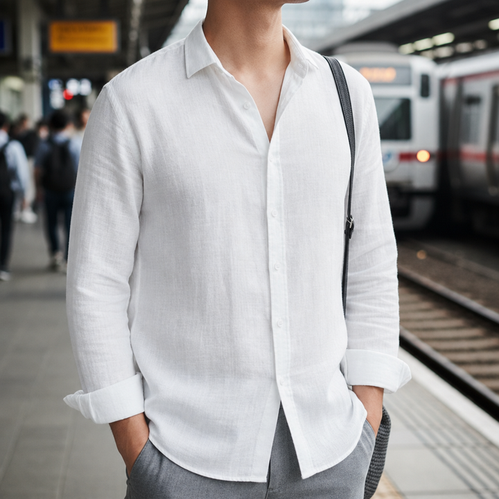 Men's Linen-Look Shirt Long Sleeve Spread Collar