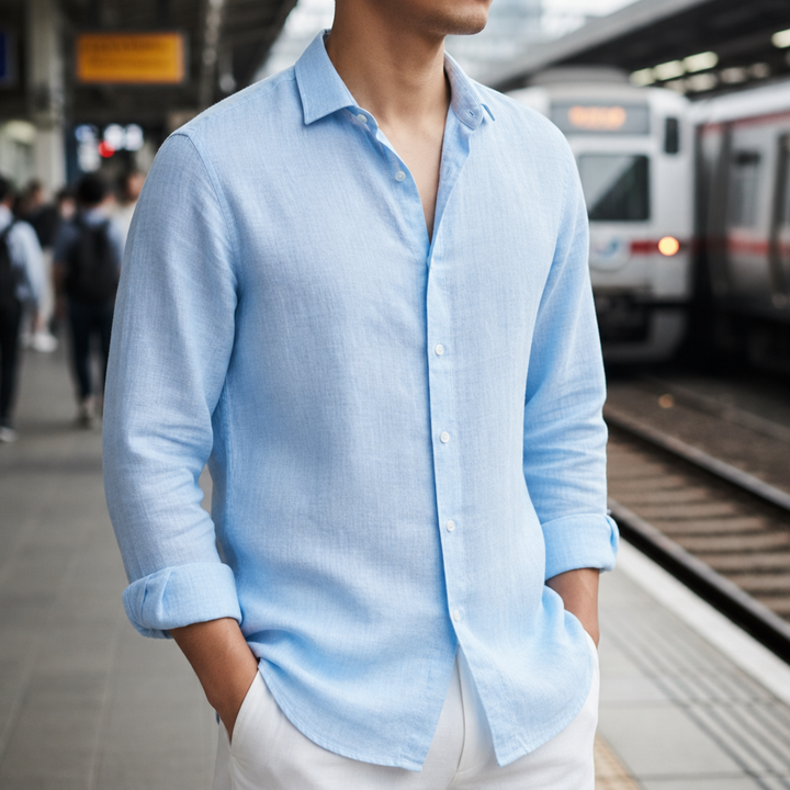 Men's Linen-Look Shirt Long Sleeve Spread Collar