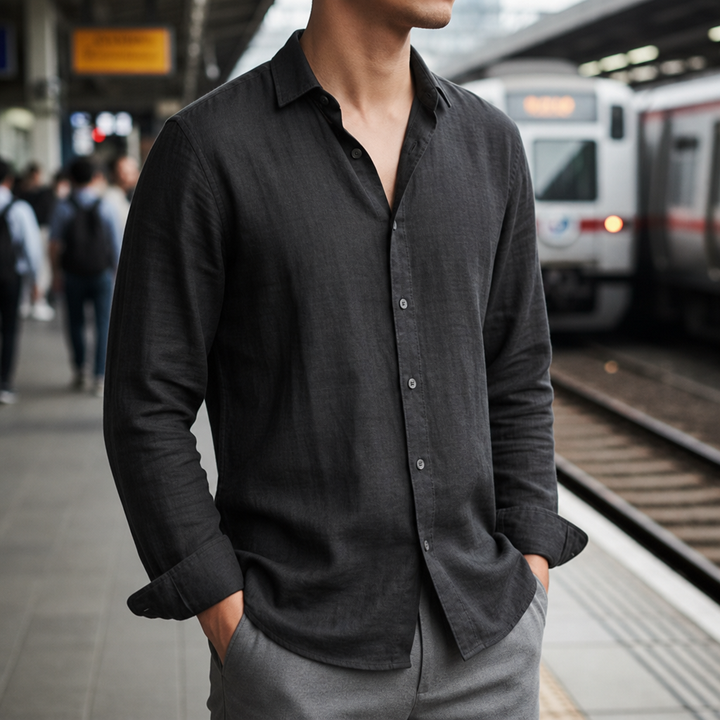 Men's Linen-Look Shirt Long Sleeve Spread Collar