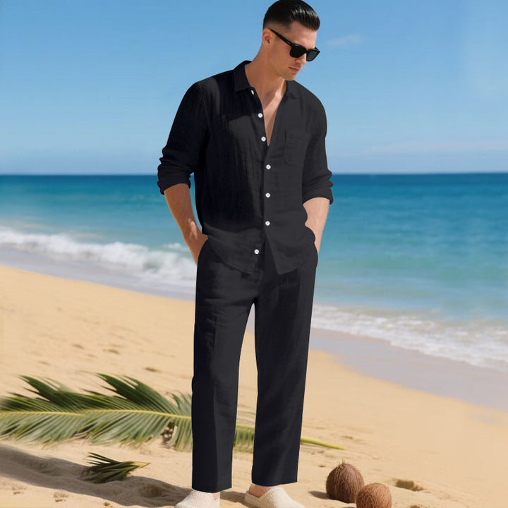 Men's Beach Linen-Look Set Tonal Long Sleeve Shirt and Pants