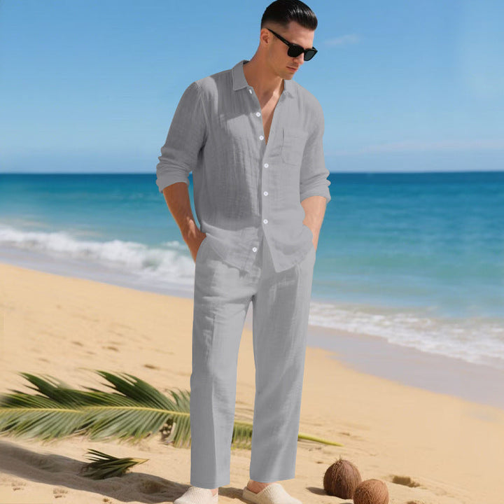 Men's Beach Linen-Look Set Tonal Long Sleeve Shirt and Pants