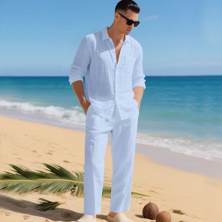 Men's Beach Linen-Look Set Tonal Long Sleeve Shirt and Pants