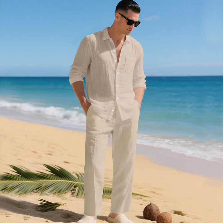 Men's Beach Linen-Look Set Tonal Long Sleeve Shirt and Pants