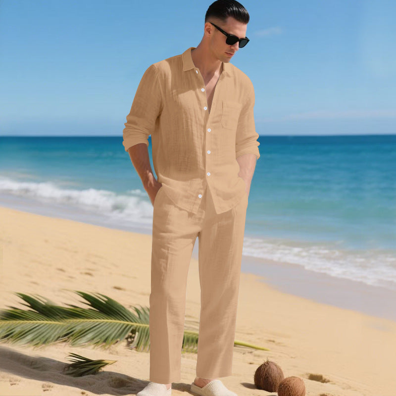 Men's Beach Linen-Look Set Tonal Long Sleeve Shirt and Pants