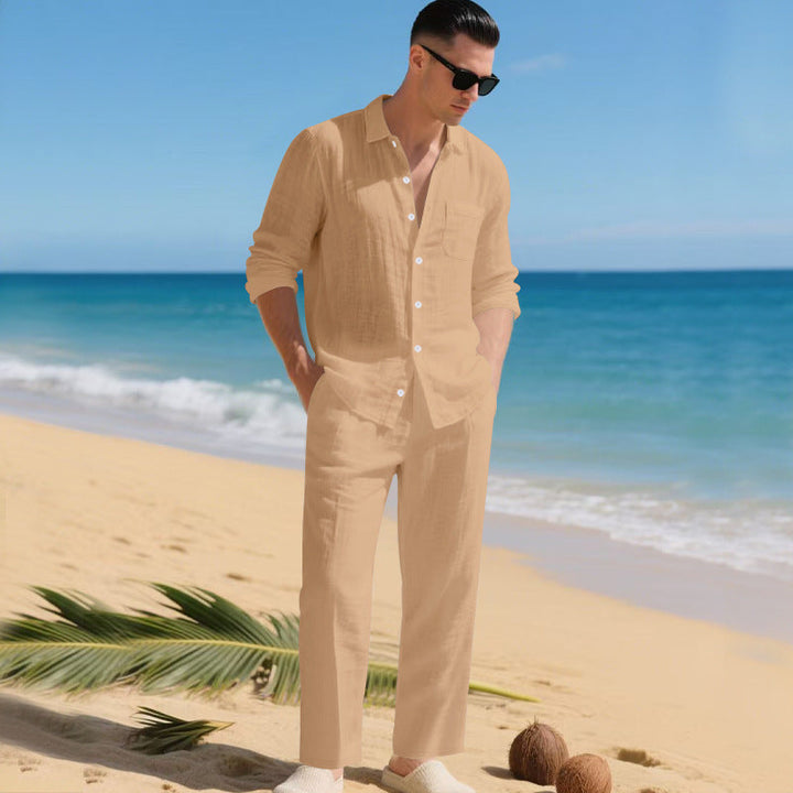 Men's Beach Linen-Look Set Tonal Long Sleeve Shirt and Pants
