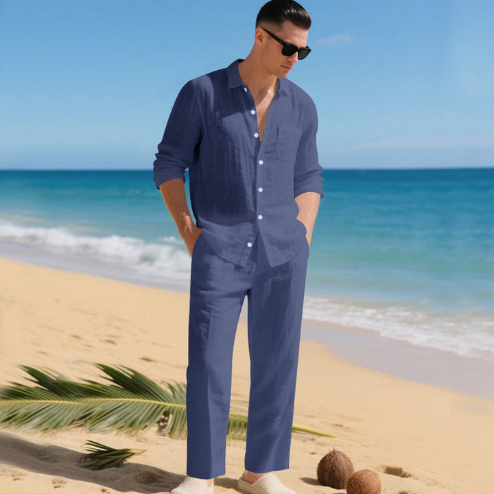 Men's Beach Linen-Look Set Tonal Long Sleeve Shirt and Pants