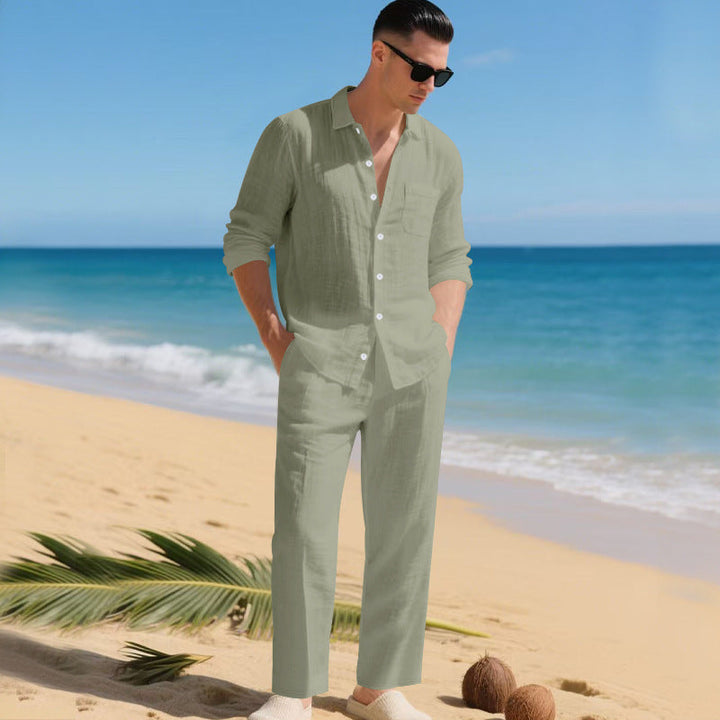 Men's Beach Linen-Look Set Tonal Long Sleeve Shirt and Pants