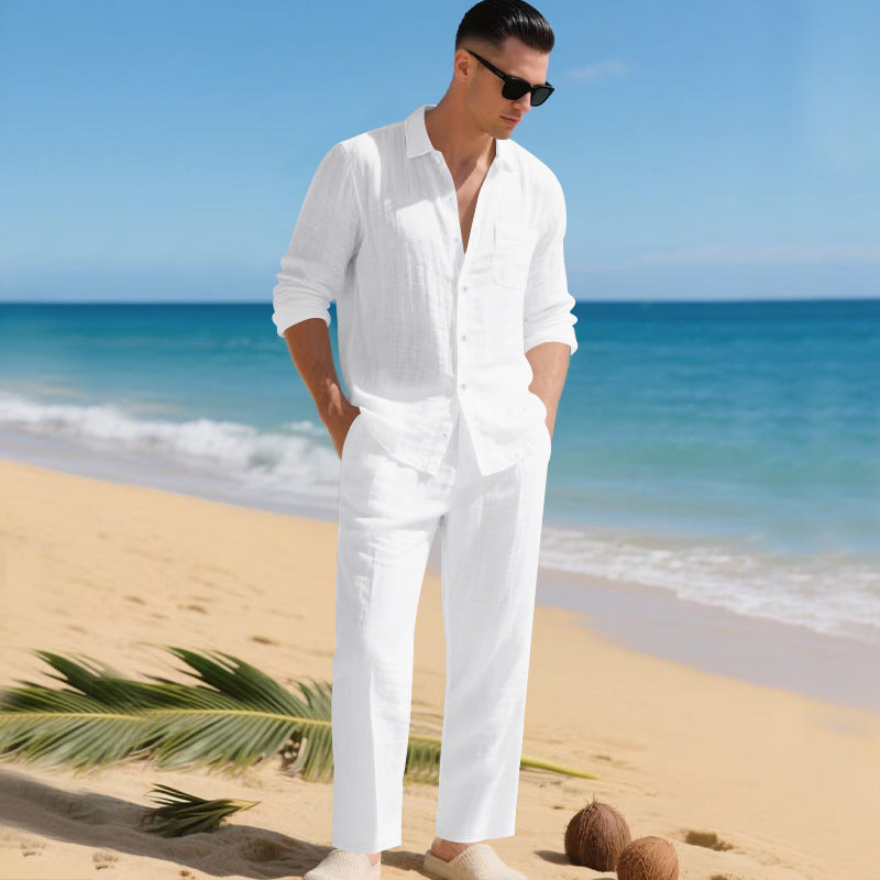 Men's Beach Linen-Look Set Tonal Long Sleeve Shirt and Pants