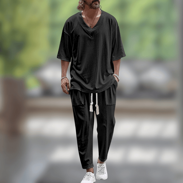 Men's Summer Oversized V-Neck Top and Pants Matching Set