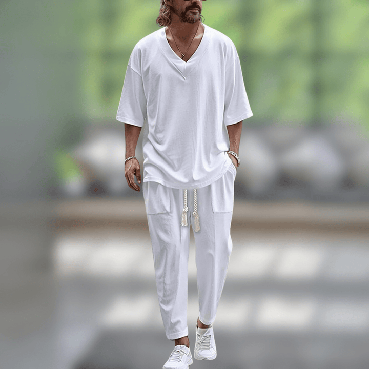 Men's Summer Oversized V-Neck Top and Pants Matching Set