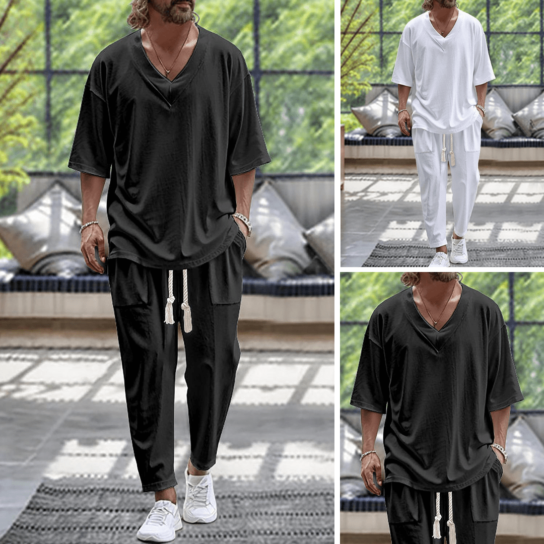 Men's Summer Oversized V-Neck Top and Pants Matching Set