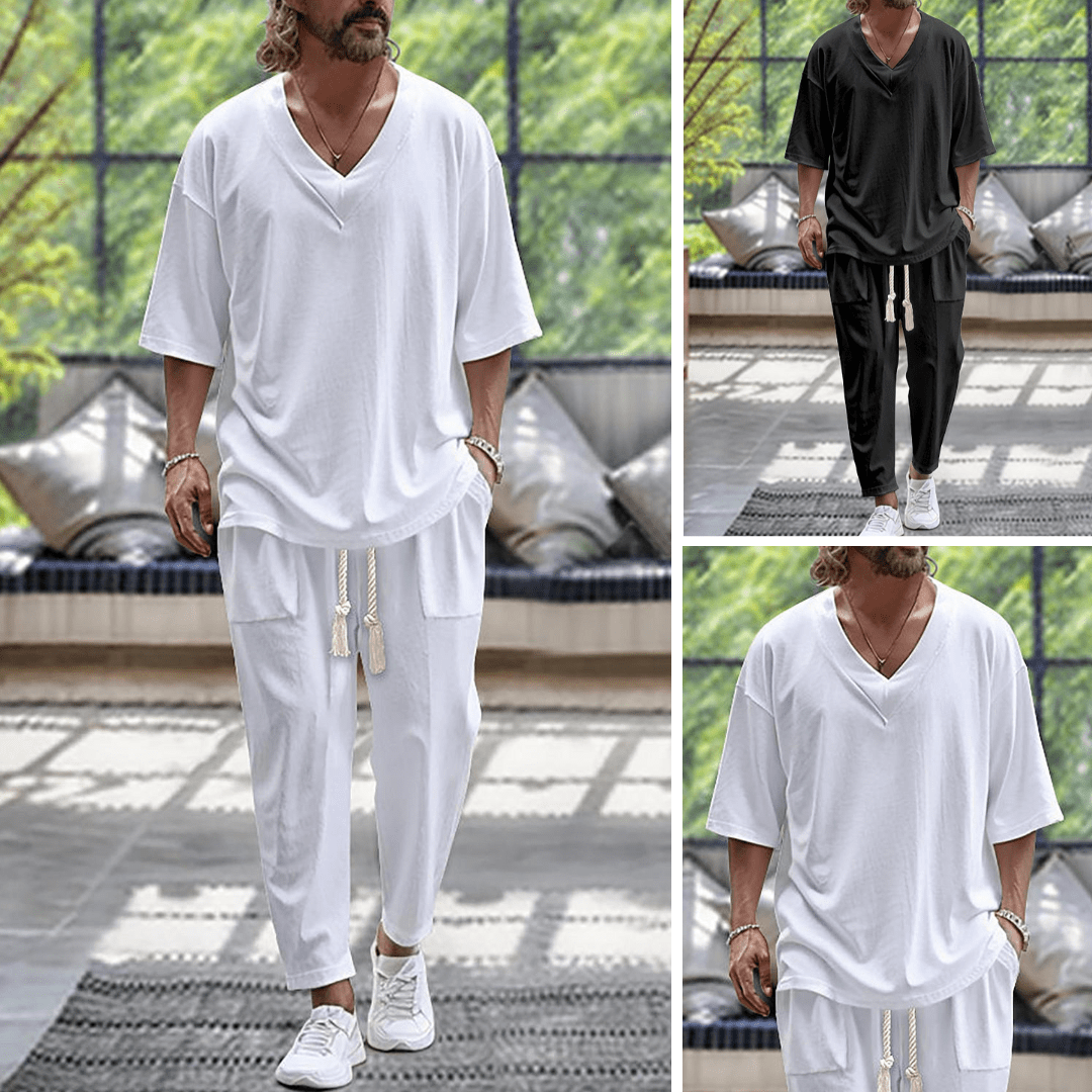 Men's Summer Oversized V-Neck Top and Pants Matching Set