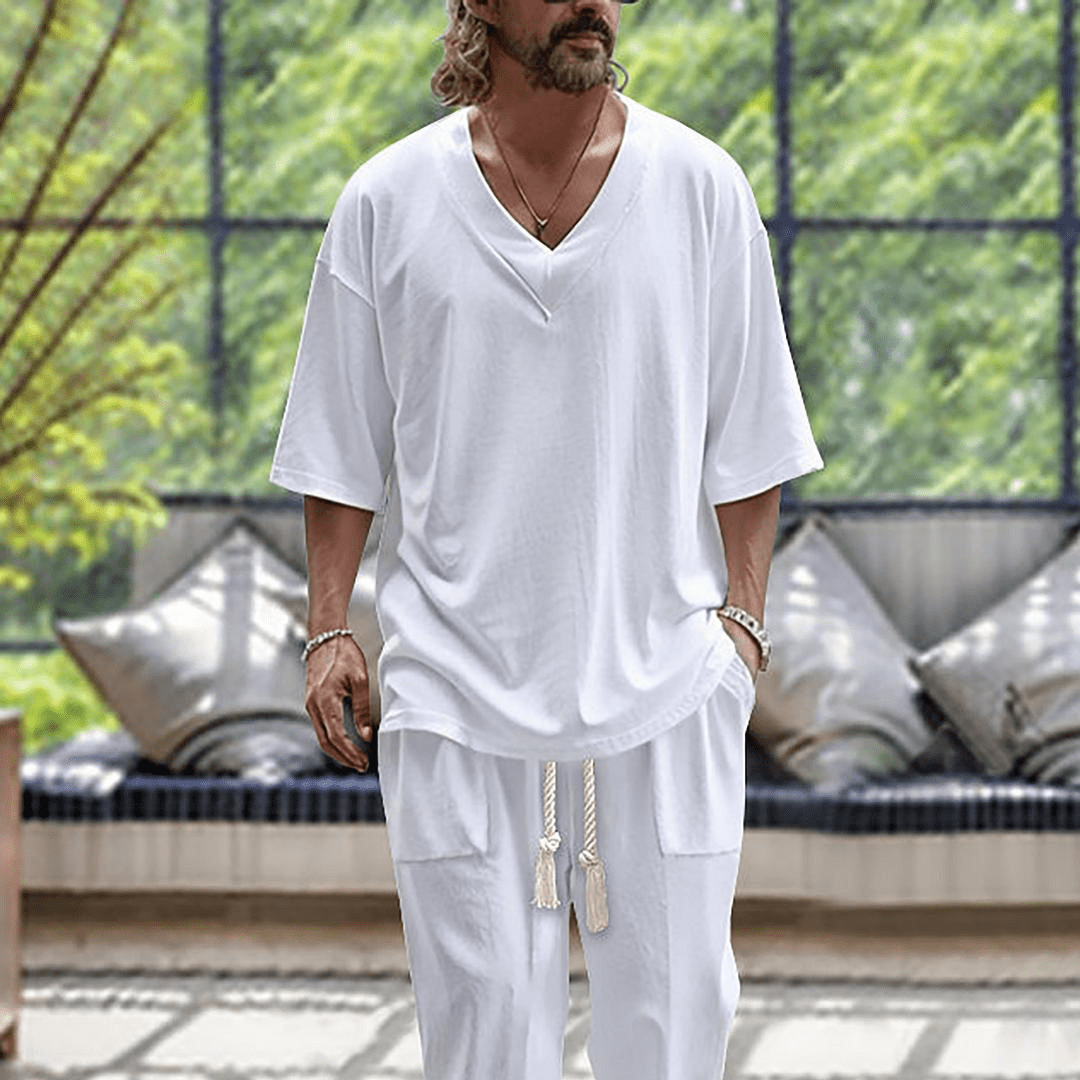 Men's Summer Oversized V-Neck Top and Pants Matching Set