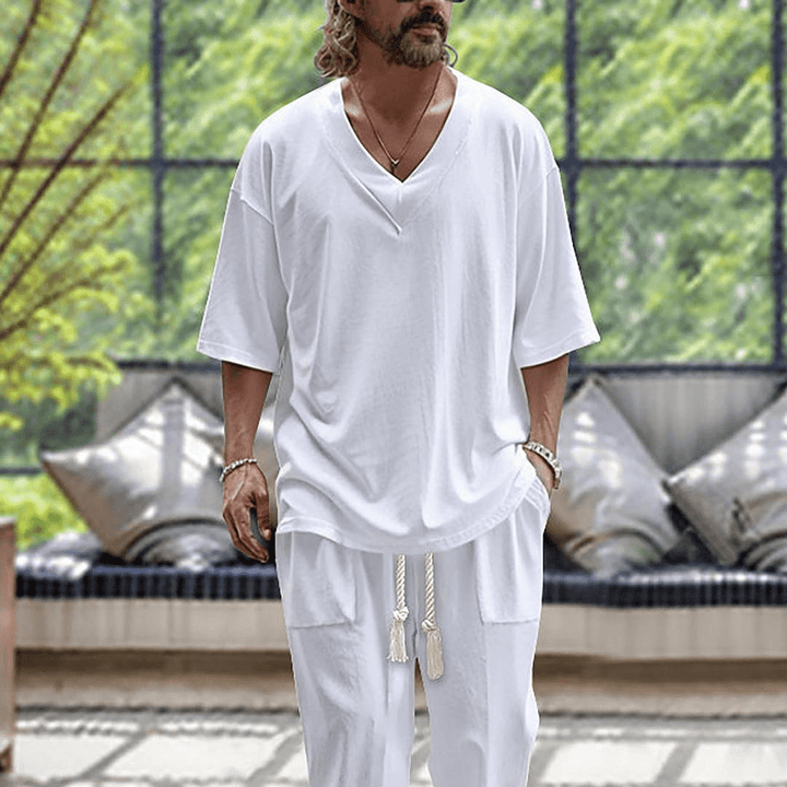 Men's Summer Oversized V-Neck Top and Pants Matching Set