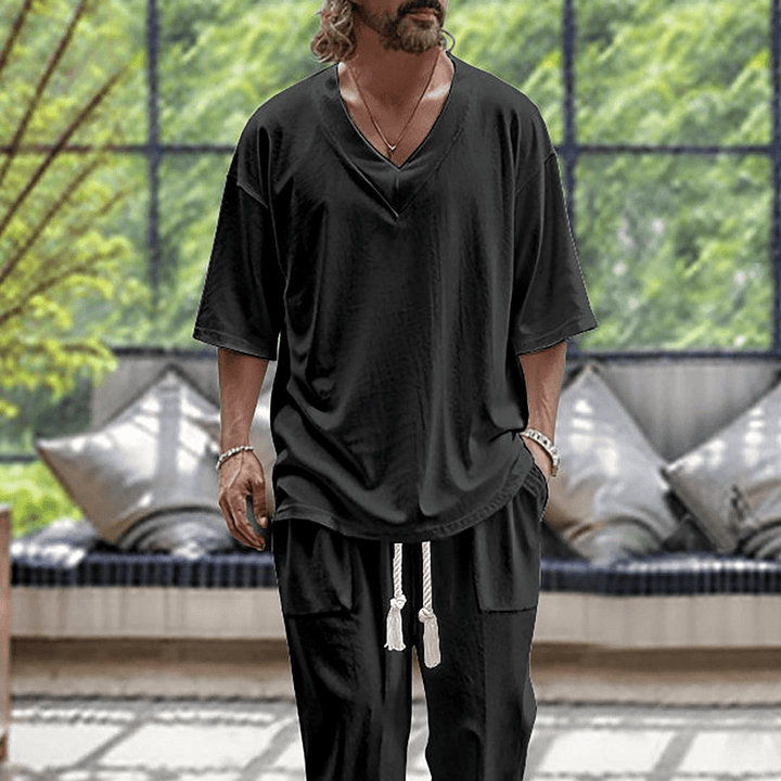 Men's Summer Oversized V-Neck Top and Pants Matching Set