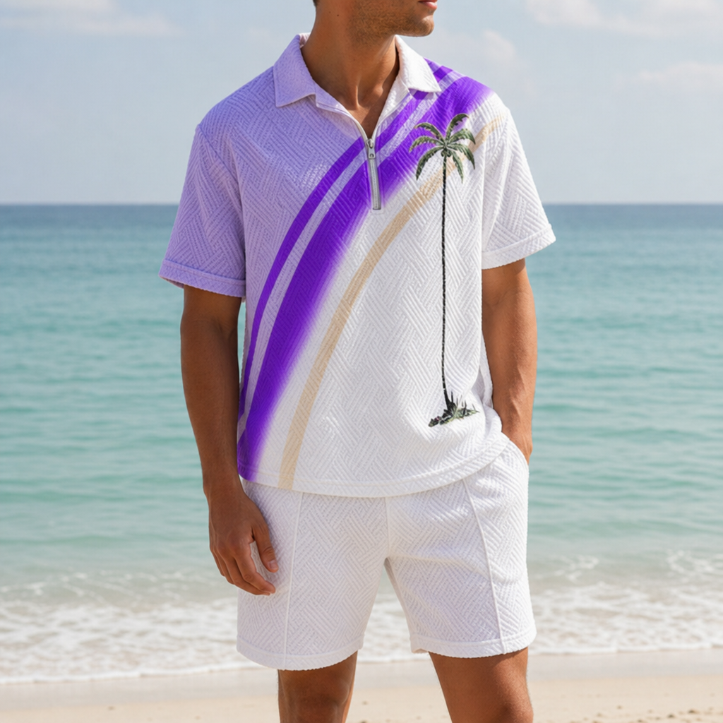 Men's Palm Print Beach Polo Shirt with Lapel Collar