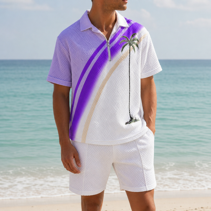 Men's Palm Print Beach Polo Shirt with Lapel Collar