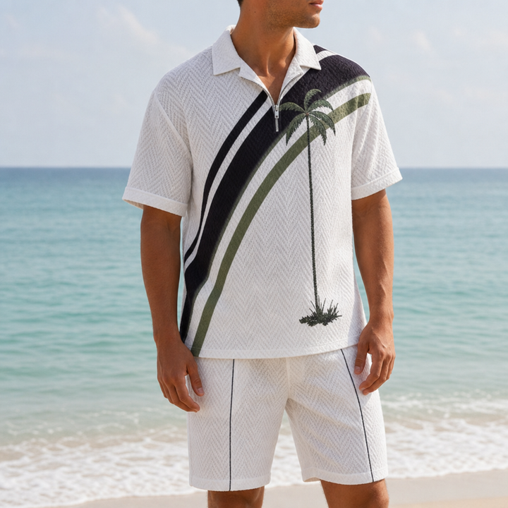 Men's Palm Print Beach Polo Shirt with Lapel Collar