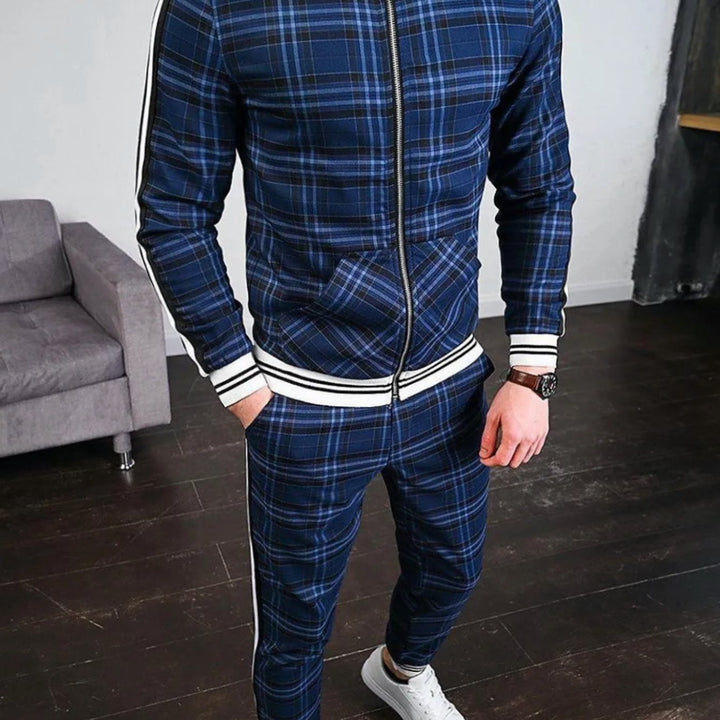 Men's Lightweight Plaid Zip-Up Tracksuit with Side Stripes